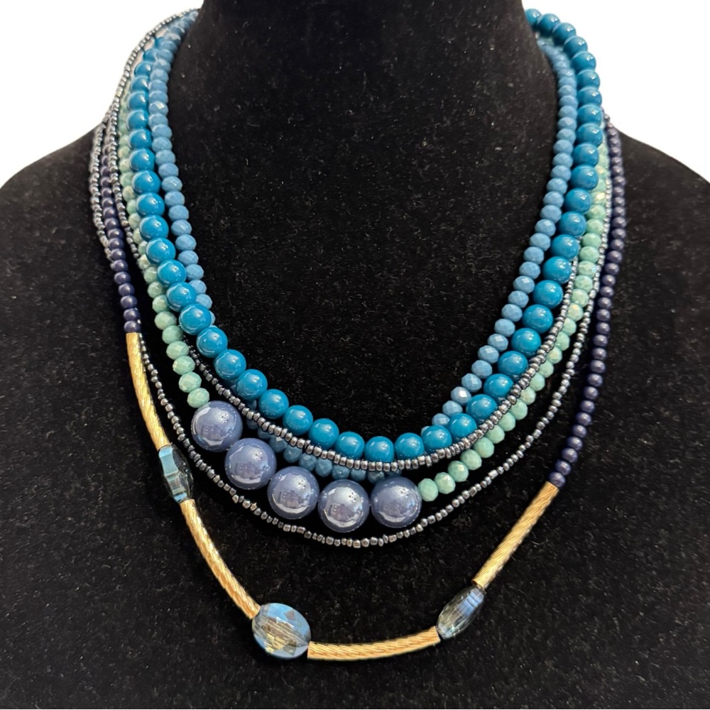Patchington Multi Strand Layered Necklace Blue Glass Beaded Statement Tiered NEW